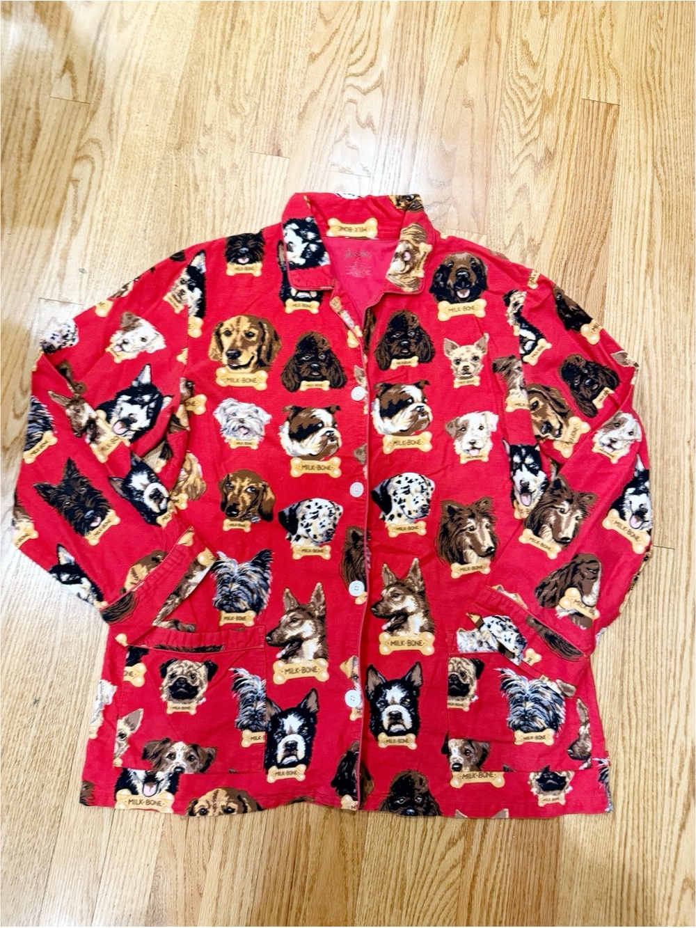 Nick & Nora dog print “Milk Bone” red cotton flannel button down pajama set L